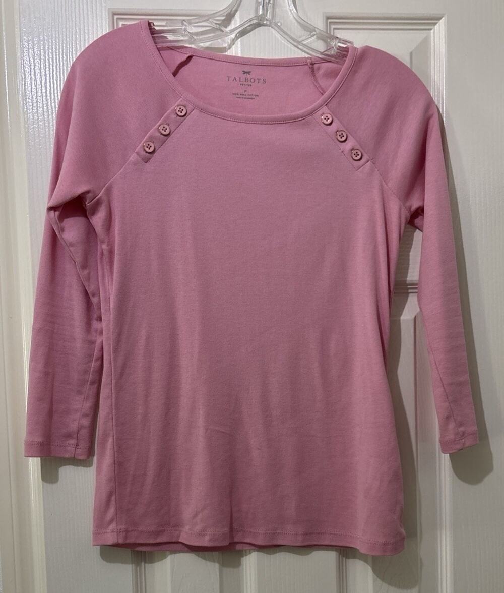 Talbots Petites Pink Top Size P/XS Button Details 3/4 Sleeve Pima Cotton T-shirt